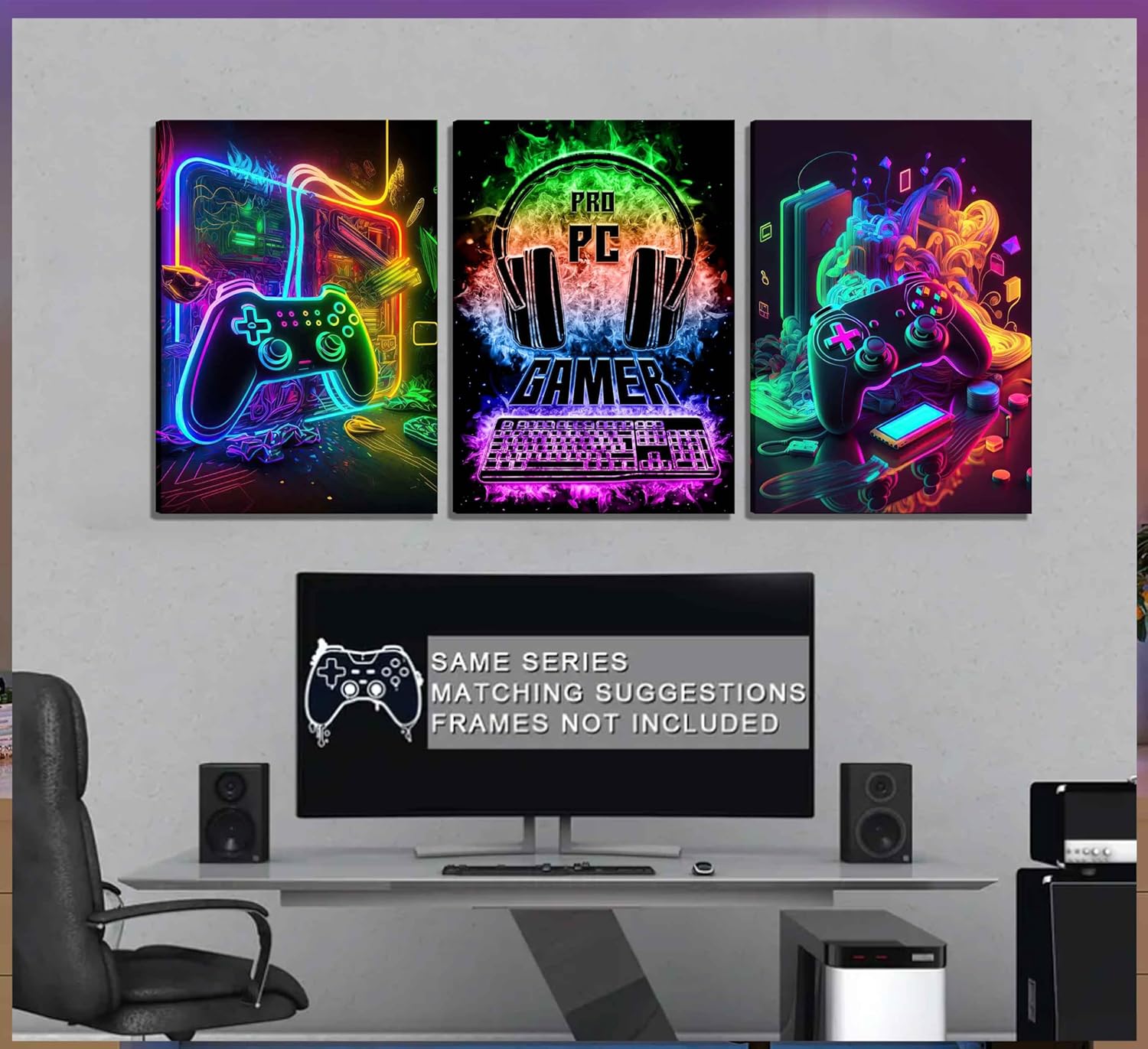 PPV Gaming Wall Art - Retro Video Game Canvas Prints | Colorful Neon Gamepad Posters for Boys' Room 12x16in