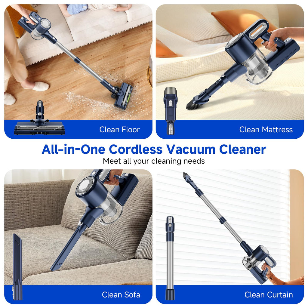 Clinkal Cordless Vacuum Cleaner - 6-in-1 Stick Vacuum with Powerful Suction, Rechargeable, Anti-Tangle Pet Hair Brush, Self-Standing, Green LED Headlight Vacuum for Carpet & Hardwood Floors-Dark Blue