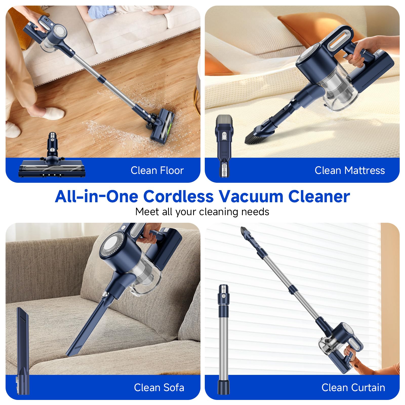 Clinkal Cordless Vacuum Cleaner - 6-in-1 Stick Vacuum with Powerful Suction, Rechargeable, Anti-Tangle Pet Hair Brush, Self-Standing, Green LED Headlight Vacuum for Carpet & Hardwood Floors-Dark Blue