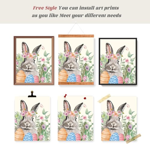 LARTSFRO Easter Decor - Bunny Wall Art Prints | Happy Easter Posters for Living Room & Bedroom | Set of 4 Unframed 10x8 Inch