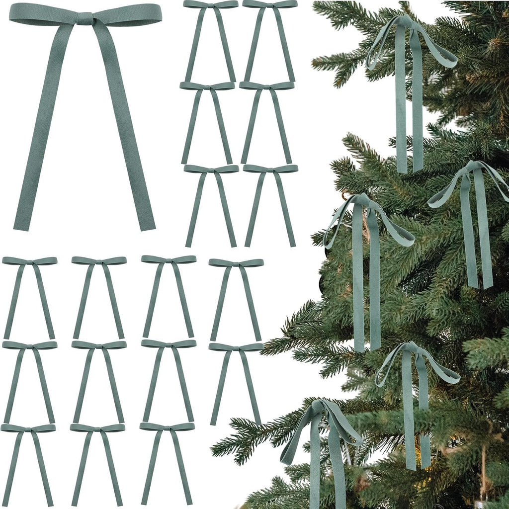Skiennix 24 Pcs Velvet Bows - Vintage Double-Faced Ribbon Ornaments for Christmas Tree & Wreath | Sage Green (5 x 7 Inch)