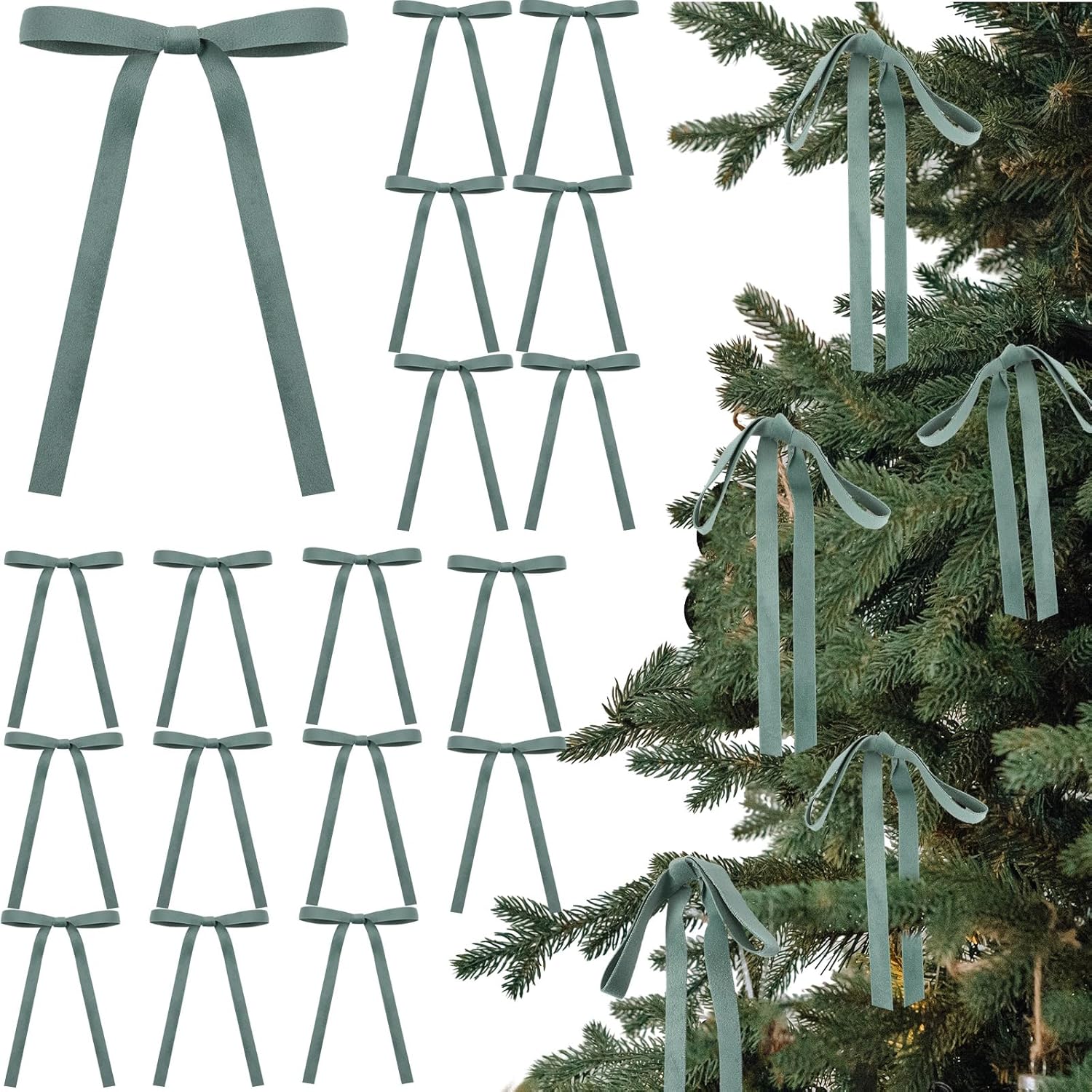 Skiennix 24 Pcs Velvet Bows - Vintage Double-Faced Ribbon Ornaments for Christmas Tree & Wreath | Sage Green (5 x 7 Inch)