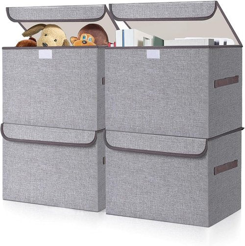 Bagnizer Foldable Storage Bin - 22 Quart Linen Organizer with Flip-Top Lid & Handles | Gray, 4 Pack (14.6 x 9.5 x 9.5”)