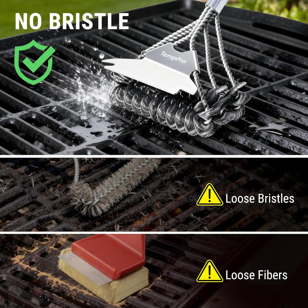 TempPro BBQ Grill Brush - Bristle-Free Stainless Steel Cleaner for Safe Grilling | Ideal BBQ Accessory