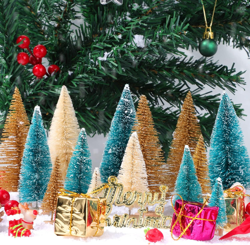 Skiennix Mini Christmas Trees - 30 Pcs Artificial Bottle Brush Trees with Wooden Base | 5 Sizes for Holiday Decor