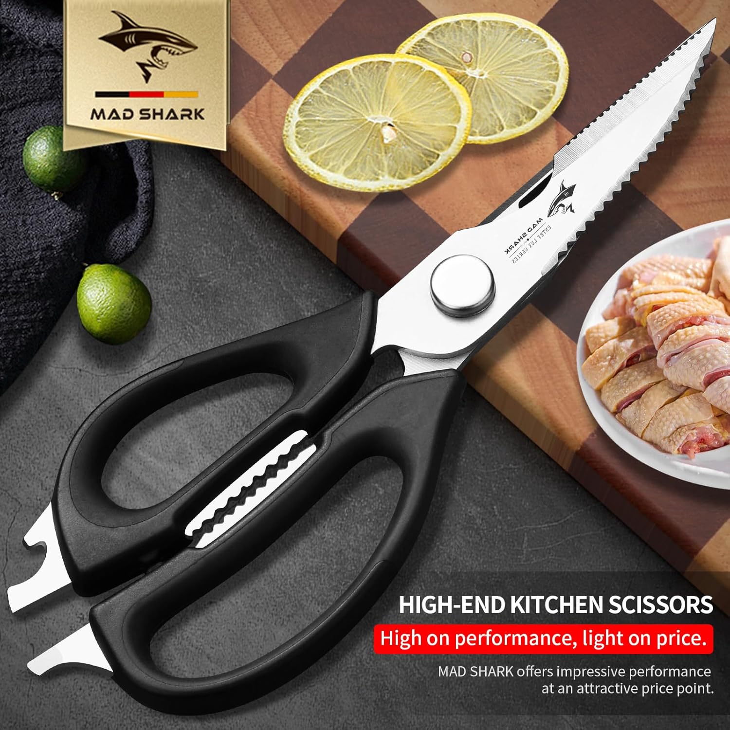 MAD SHARK Kitchen Scissors - Heavy Duty Stainless Steel Shears with Comfort Grip | Dishwasher Safe, Black