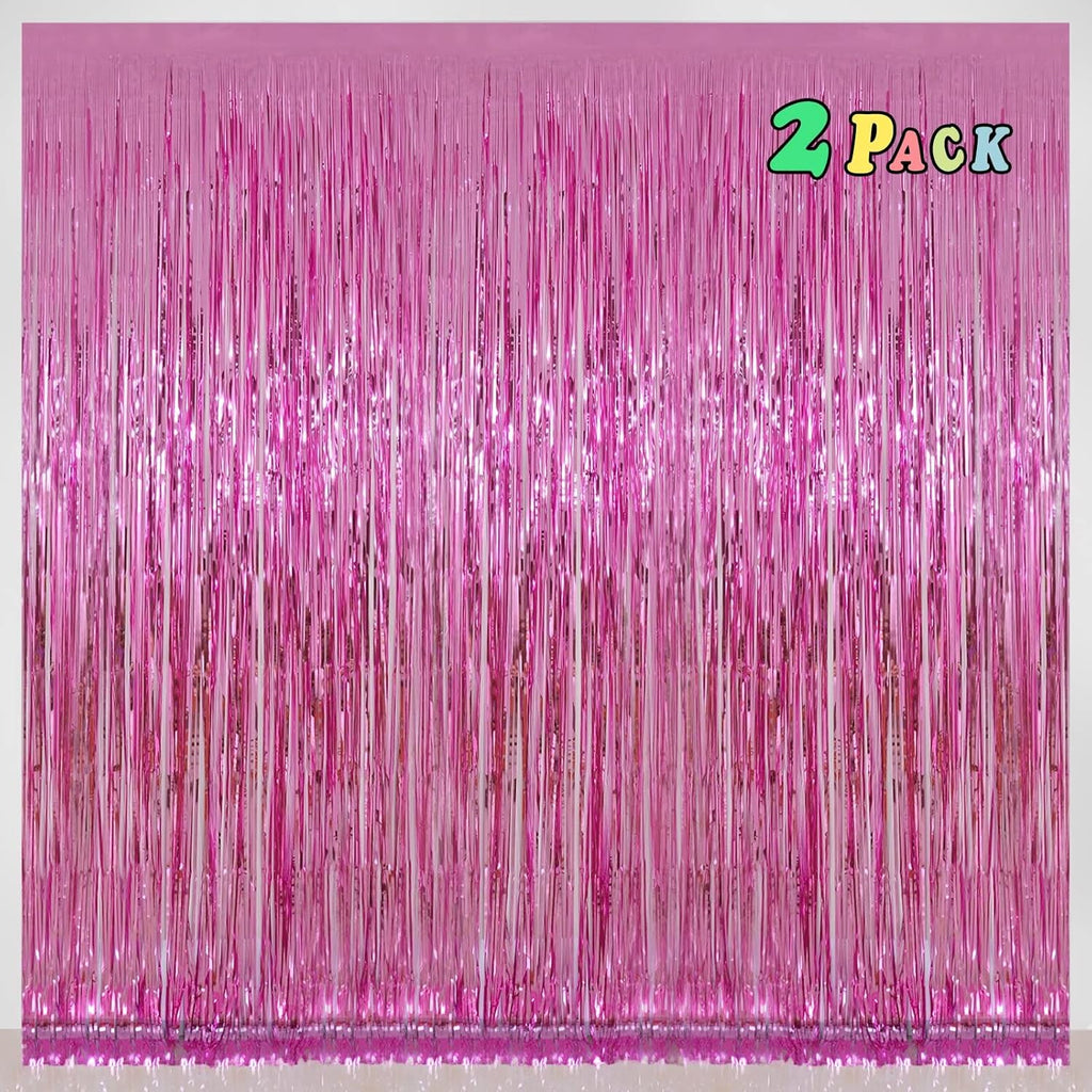 Melsan Pink Foil Fringe Curtains - 3.2 x 8 Ft Metallic Tinsel Backdrop for Baby Showers & Birthday Parties | Pack of 2