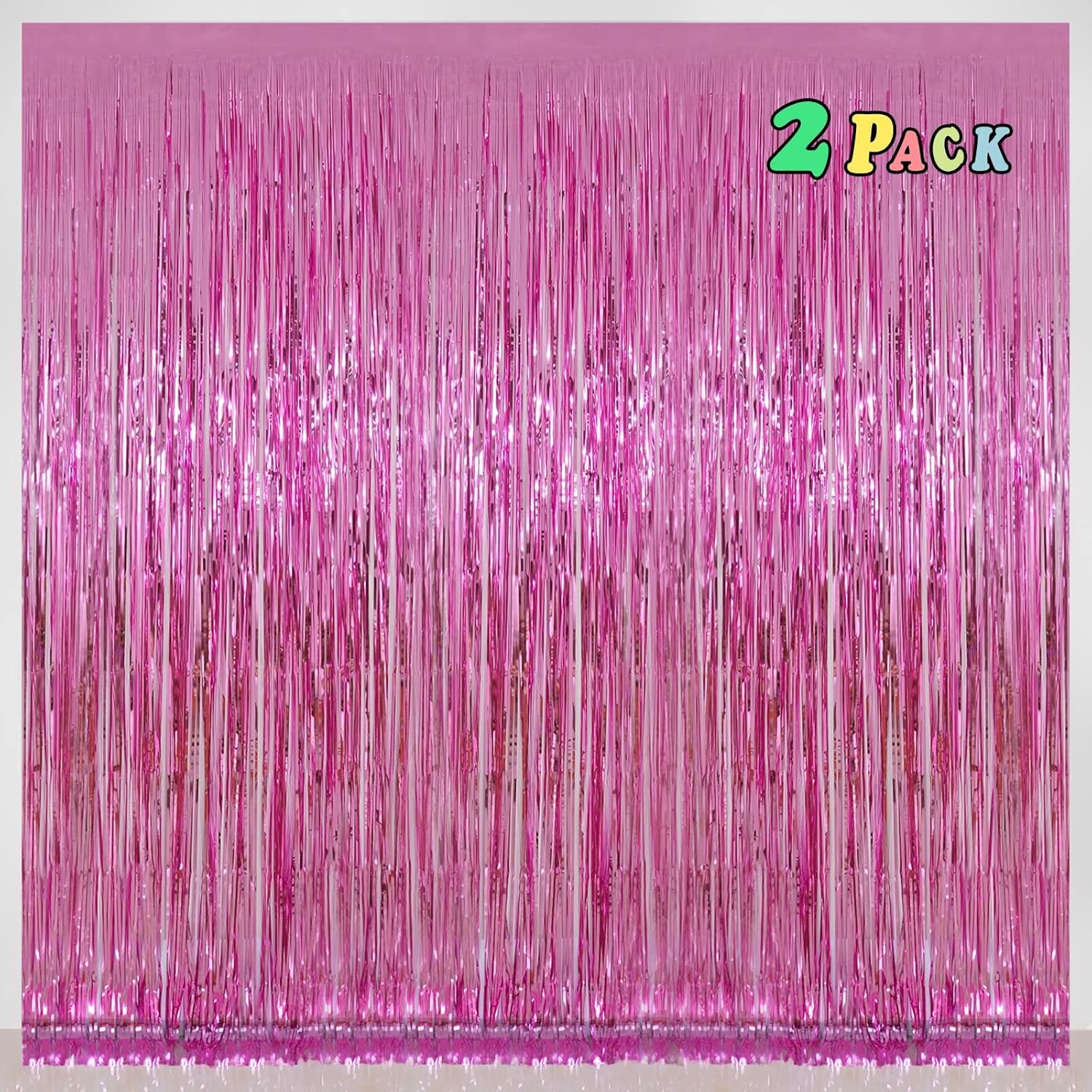 Melsan Pink Foil Fringe Curtains - 3.2 x 8 Ft Metallic Tinsel Backdrop for Baby Showers & Birthday Parties | Pack of 2