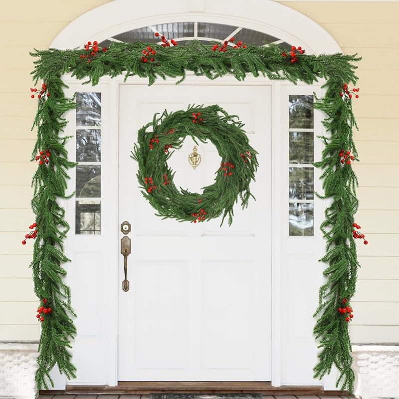 4 Pcs 6 ft Artificial Norfolk Pine Garland with Red Berries - Realistic Greenery Xmas Garlands for Mantle, Staircase, Fireplace (Variation of THIS listing: 4)
