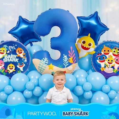 Baby Shark by PartyWoo - Blue Foil Number 3 Balloon Set | 5pcs 18-Inch Mylar for Kids' Birthday Party Decorations
