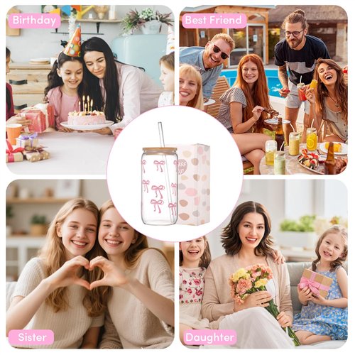 ANABIUP Coquette Cute Pink Bow Glass Cups with Lids and Straws, Aesthetic Iced Coffee Cup, Girly Preppy Design Tumbler Mug for Teen Girls Women Girlfriends Gifts