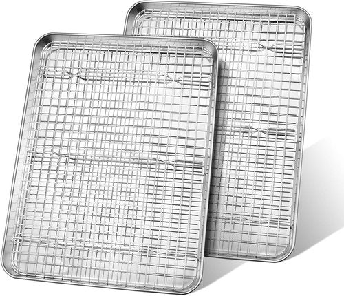 Leonyo Half Sheet Baking Pan Set - 17.5" x 13" Stainless Steel Cookie Sheets with Cooling Rack - 4 Pack