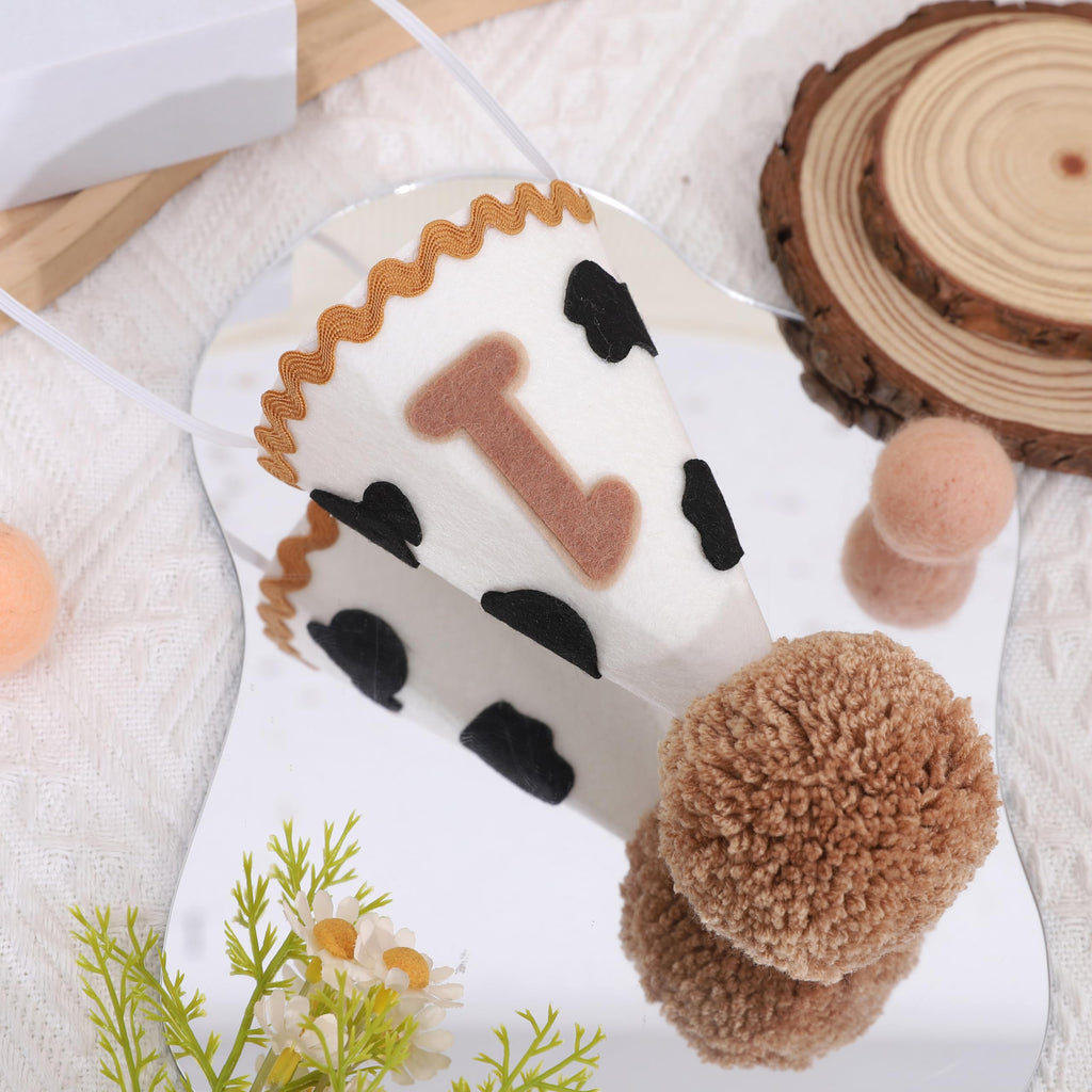 MAMUXI Cow Print 1st Birthday Hat - Cowboy One Birthday Decorations, My First Rodeo Party Cone Hat, Little Cowboy Smash Cake Photo Props, Western Farm Cow Party Cap (Cowboy Birthday Hat)