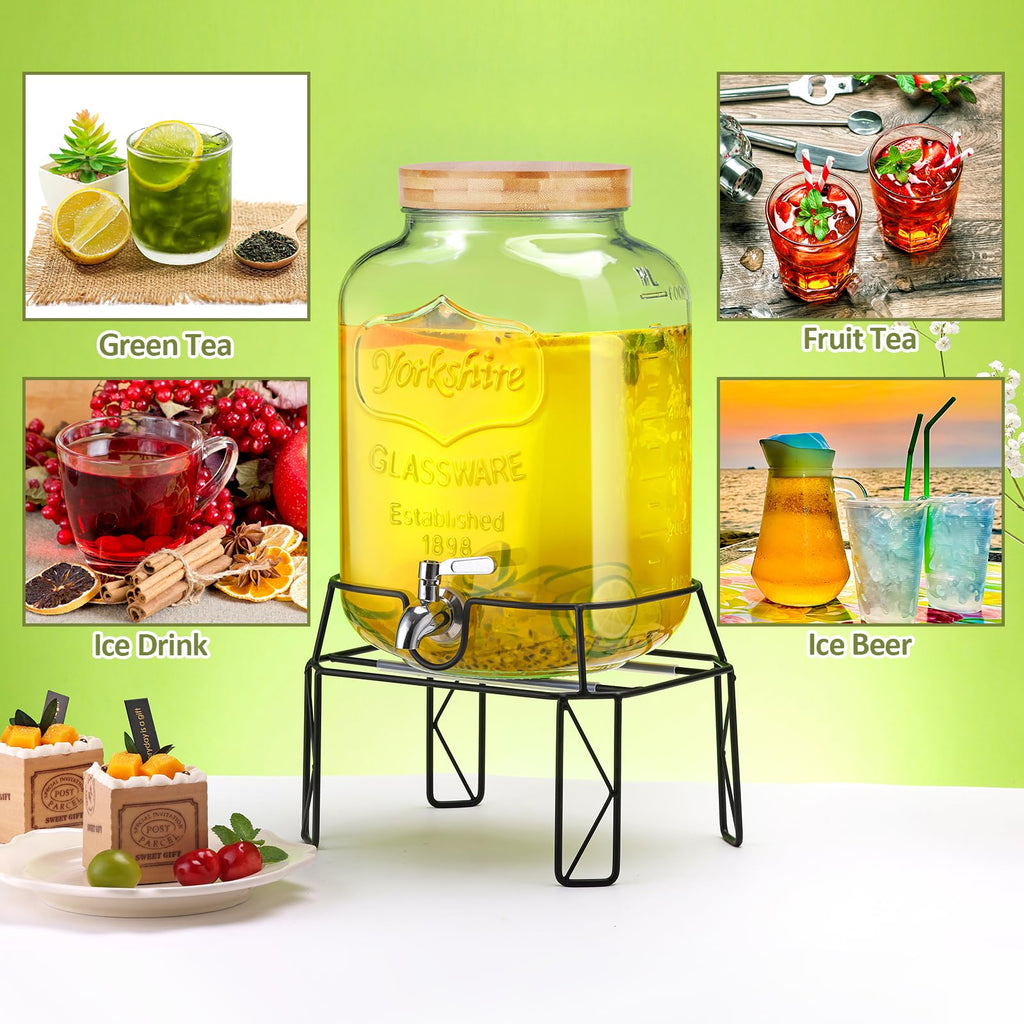 2 Gallon Drink Dispensers with Stand, Glass Beverage Dispenser with Stainless Steel Spigot and Bamboo Lid,Lemonade Dispenser,Glass Drink Dispensers for Parties, Weddings