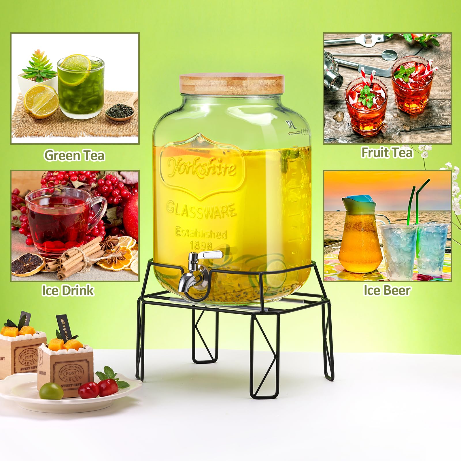 2 Gallon Drink Dispensers with Stand, Glass Beverage Dispenser with Stainless Steel Spigot and Bamboo Lid,Lemonade Dispenser,Glass Drink Dispensers for Parties, Weddings