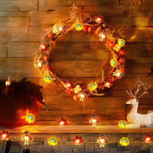 [Timer, 8 Modes]10Ft 30LED Thanksgiving Lights Decoration, Battery Operated Copper Wire String Lights Thanksgiving Turkey Maple Pumpkin Lights Thanksgiving Lights Indoor Home Autumn Harvest Fall Decor