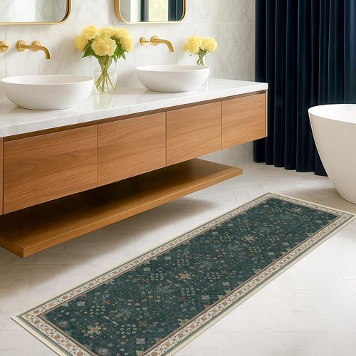 Hazo Haus Vintage 2x7 Washable Runner Rug - Non-Slip, Stain-Resistant, Dark Green Floral Design