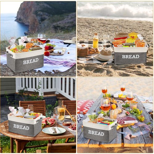 Lukeline Bread Storage Basket for Kitchen, Foldable Fabric Bread Keeper Bread Storage Container Bin with Handles, Bread Baskets for Kitchen Counter and Pantry (White & Grey)