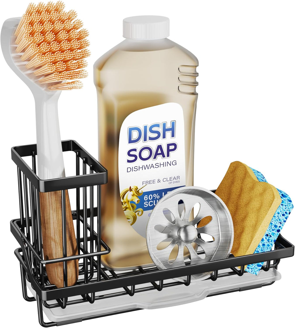 SWTYMIKI Sink Caddy Sponge Holder - Stainless Steel Kitchen Organizer for Soaps & Sponges | Black