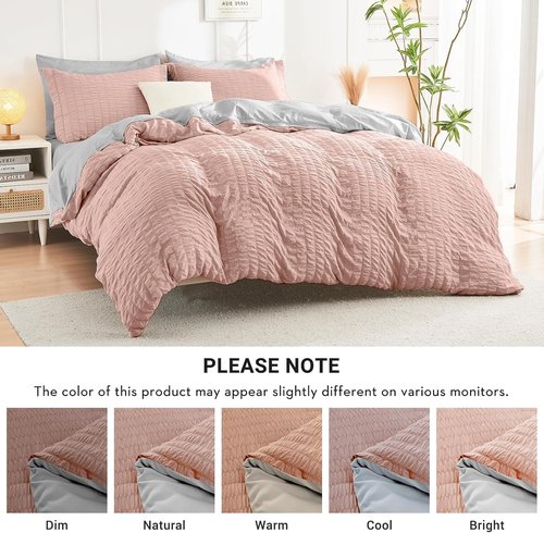 HYMOKEGE Twin XL Comforter Set - Rose Gold & Light Grey Seersucker | 5-Piece All-Season Luxury Bedding Set