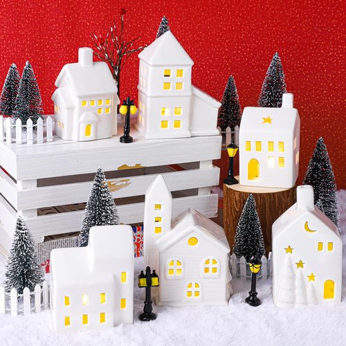 Fovths Christmas Village Set - 37-Piece Lighted Porcelain Houses with Remote Control LED Tealights & Accessories