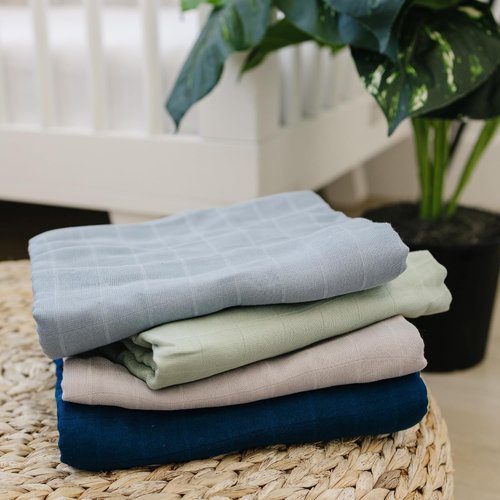 Featherhead™ 100% Cotton Muslin Swaddle Blankets - Soft & Breathable Newborn Essentials | Large 47”x47” (4 Pack - Blue Solids)