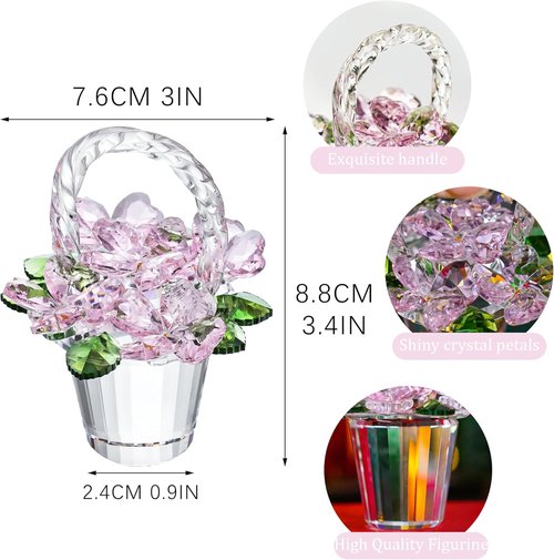 H&D Hyaline & Dora Crystal Pink Flower Basket Figurine - Elegant Glass Collectible for Home & Wedding Decor