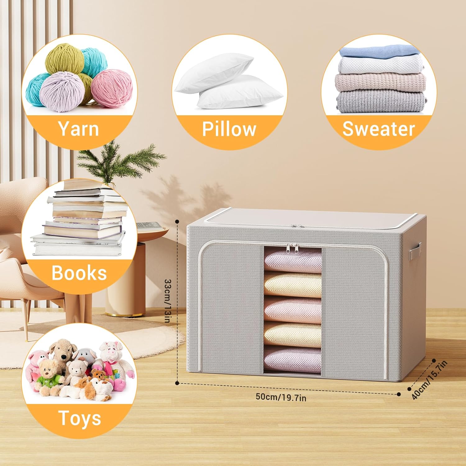 Skiennix Clothes Storage Bins - Foldable Organizers with Metal Frame | 66L, 3-Pack for Clothes & Toys