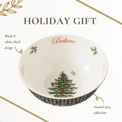 Spode Christmas Tree Revere Bowl - Checkered Exterior & Holly Accents, Festive Candy Dish or Snack Bowl with Sentiments Inside, 6" Porcelain - Dishwasher & Microwave Safe, Great for Gifting & Parties