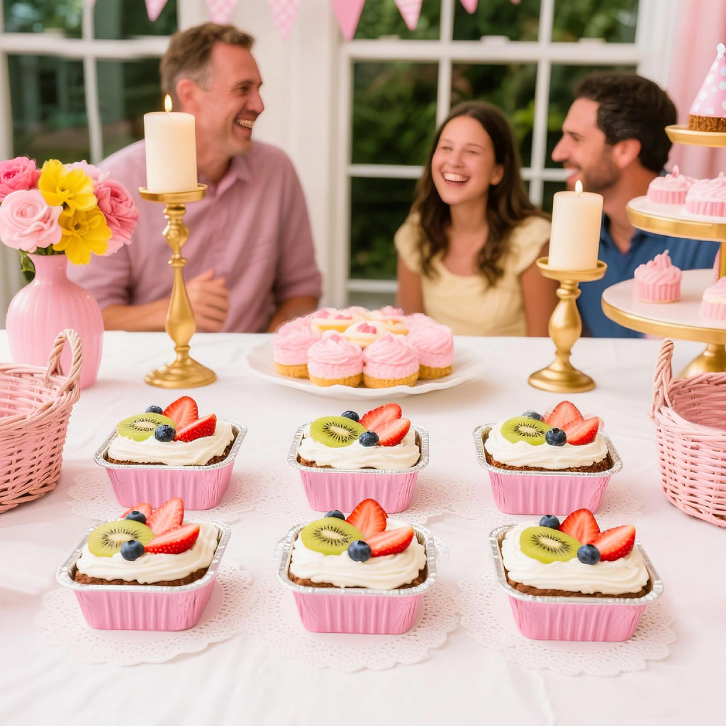 NPLUX 60 Pack Mini Cake Pans with Lids Mini Aluminum Pans, Disposable Loaf Pans Cupcake Liners with Lids for Pudding, Souffle, Party, Wedding, Mothers Day Party Favors(Pink, 5 oz)
