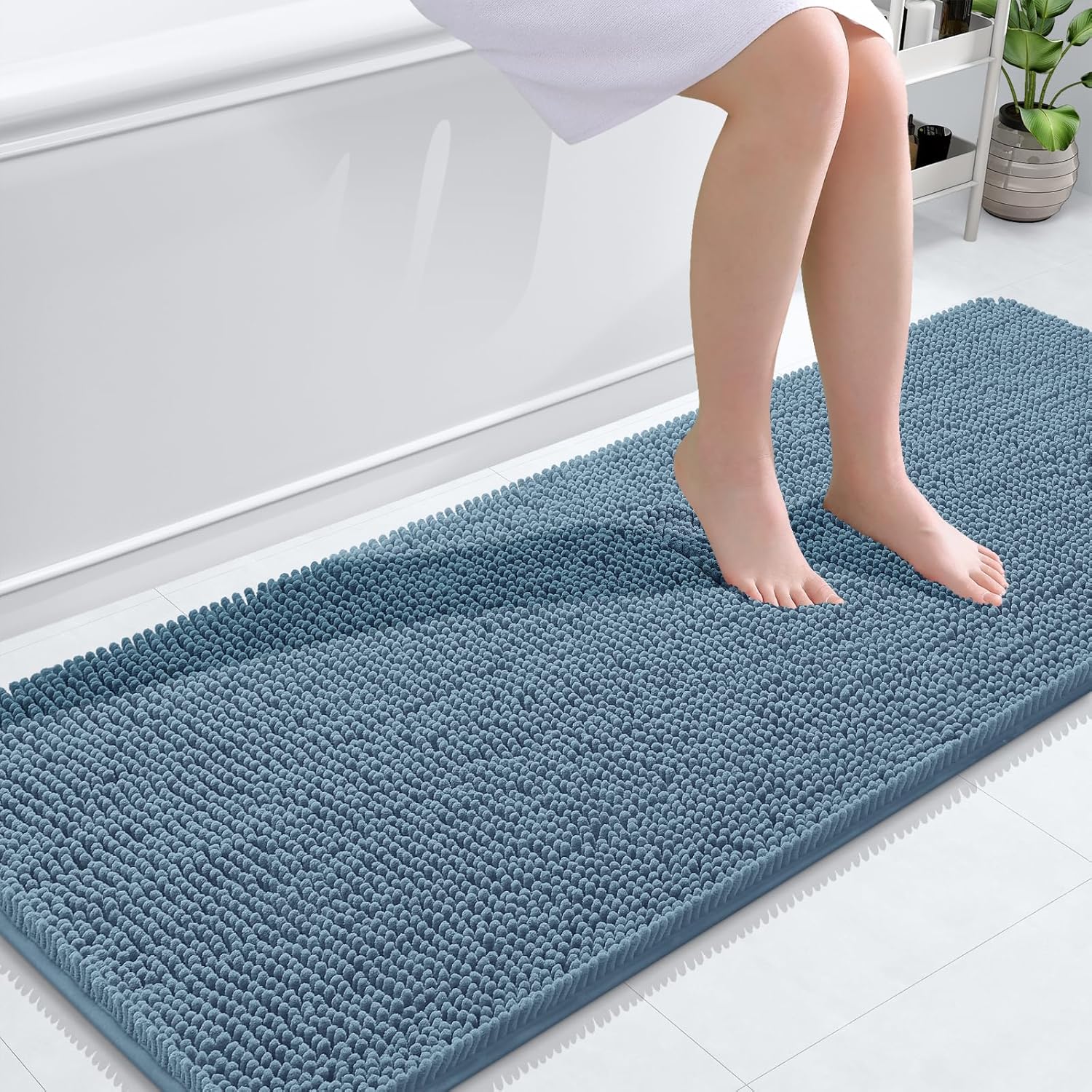 OLANLY Bathroom Runner Rugs - Soft Absorbent Chenille Bath Mats | Quick-Dry, Machine Washable, 59x20" - Airy Blue