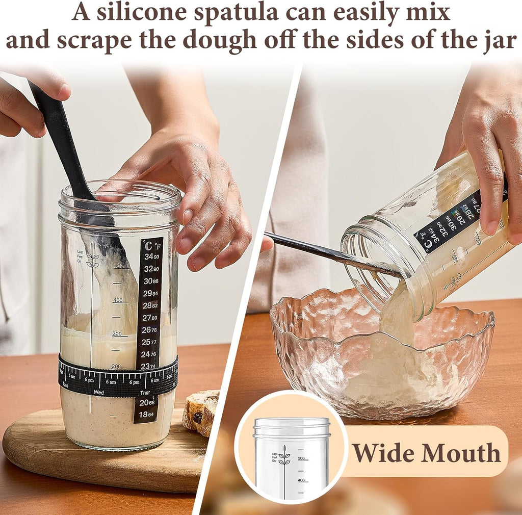 Skiennix Glass Sourdough Starter Jar Kit - 24 oz Wide Mouth with Date Marked Band & Thermometer