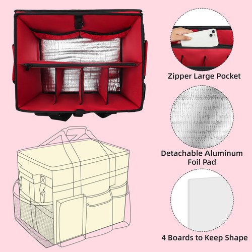 VSHXENG Rolling Cleaning Caddy Bag with Wheels, Large Cleaning Cart Detachable Trolley, Cleaning Bags for Housekeepers With Shoulder Strap & Multi Pockets for Cleaning Tools Storage (Red)