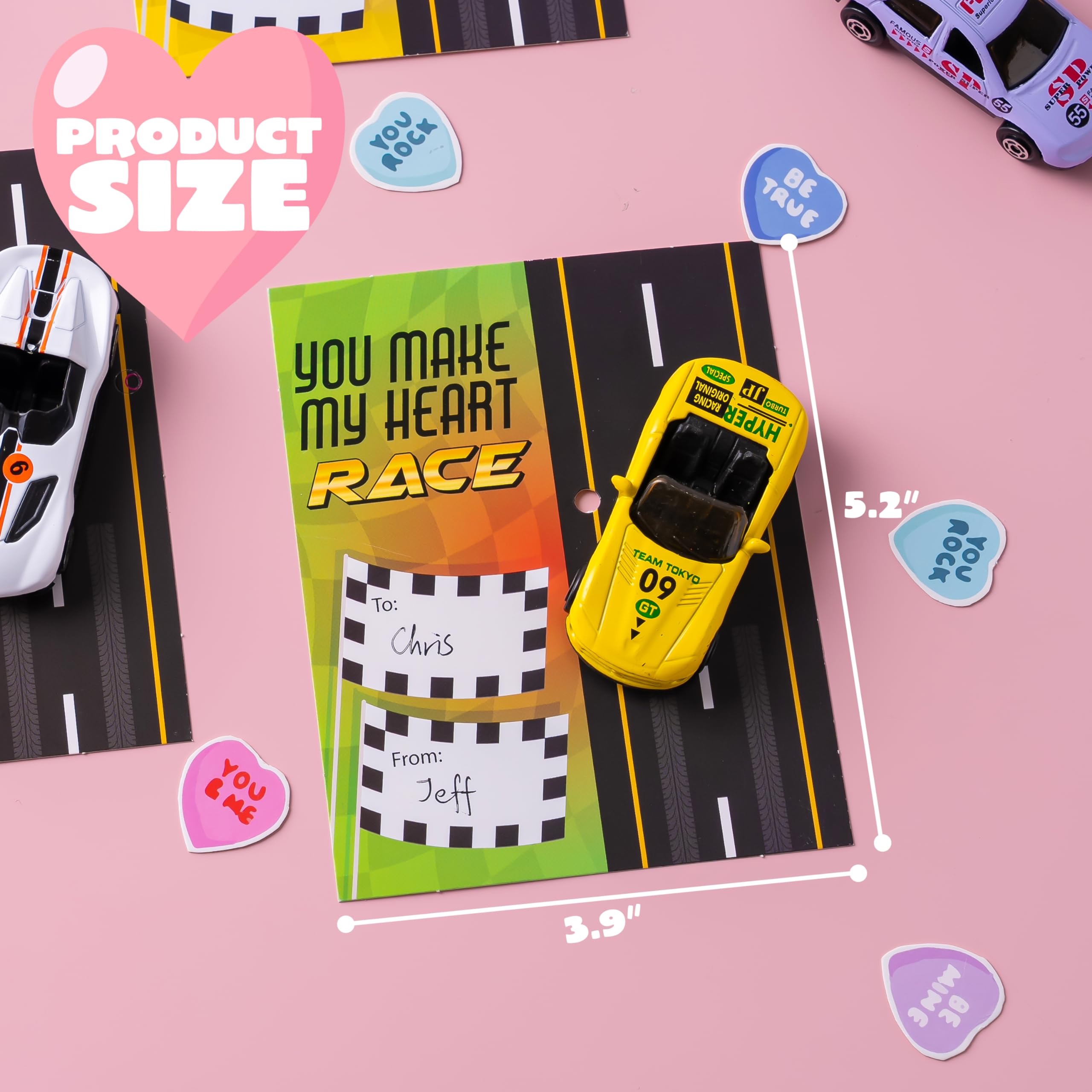 JOYIN 35 Valentines Day Die-Cast Racing Cars Gift Cards for Kids with Valentine’s School Classroom Exchange Greeting Cards, Vehicle Party Favor Toy Supplies