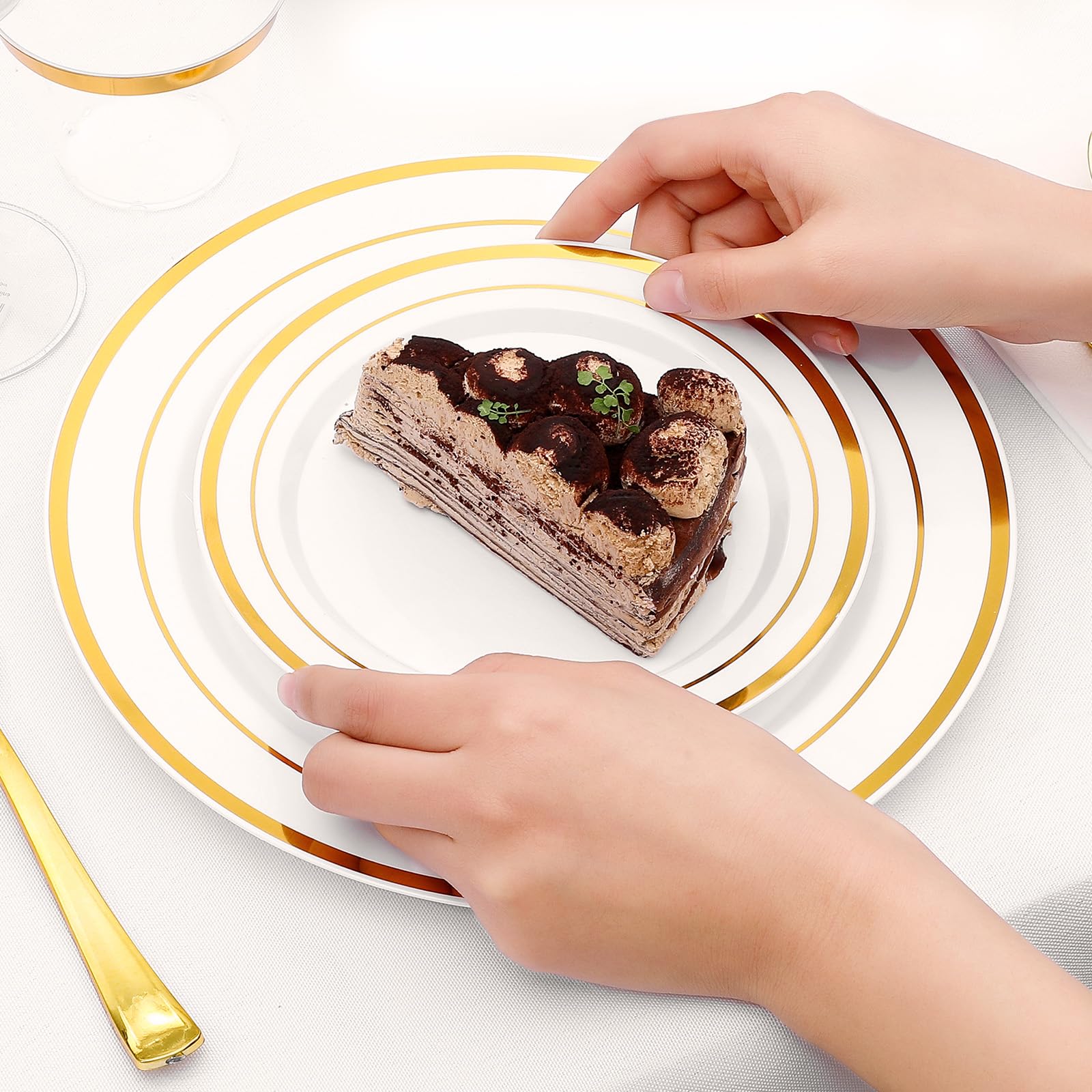 VajilaPhil 350-Piece Gold Rim Plastic Dinnerware Set for 50 Guests, Elegant Disposable Dinnerware for Party, Wedding. Includes Dinner Plates, Dessert Plates, Gold Silverware, Napkins, Cups