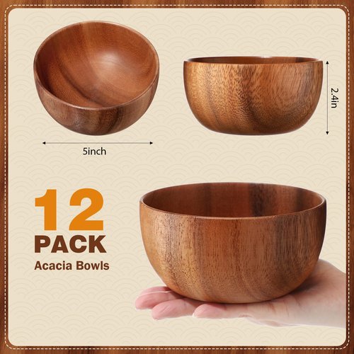 Skylety 12 Pcs 5in Acacia Wooden Bowls Small Calabash Bowls Round Wood Salad Hand Carved Calabash Dip Tray for Serving Popcorn Pasta Candy Cereal Coconut Nuts Sauce Appetizers Kitchen