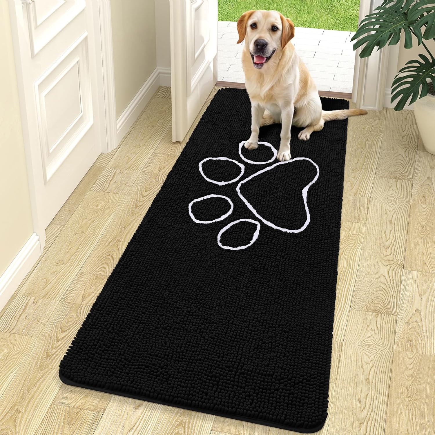 OLANLY Dog Door Mat - Absorbent Non-Slip Mud Mat for Muddy Paws | 70x24 Inches, Quick Dry Chenille, Black
