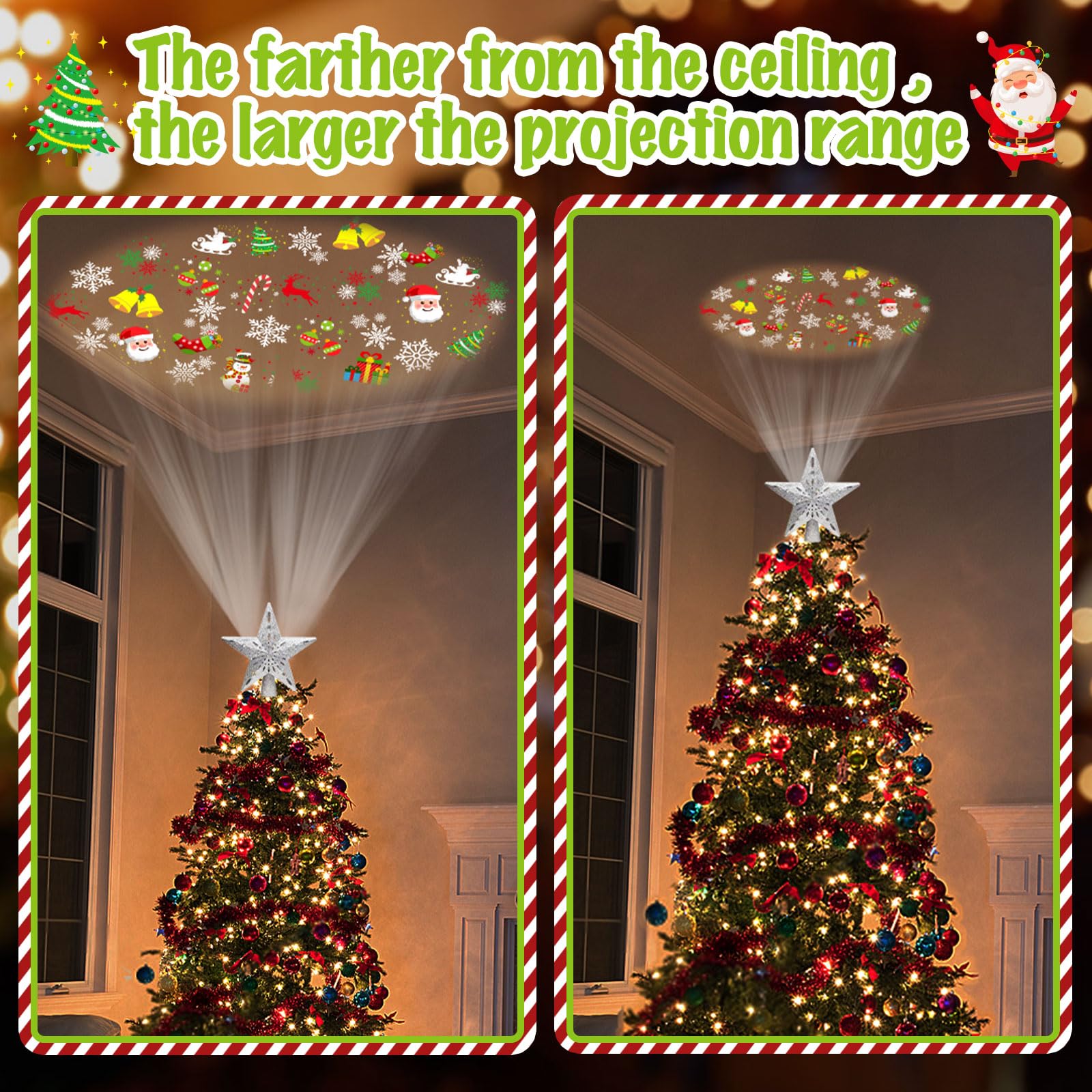 Tsorode Christmas Tree Topper Lighted,Star Tree Topper with Projector Built-in LED Rotating Lights with 6 Projection Modes,3D Glitter Dynamic Projection Christmas Decorations (Silver)