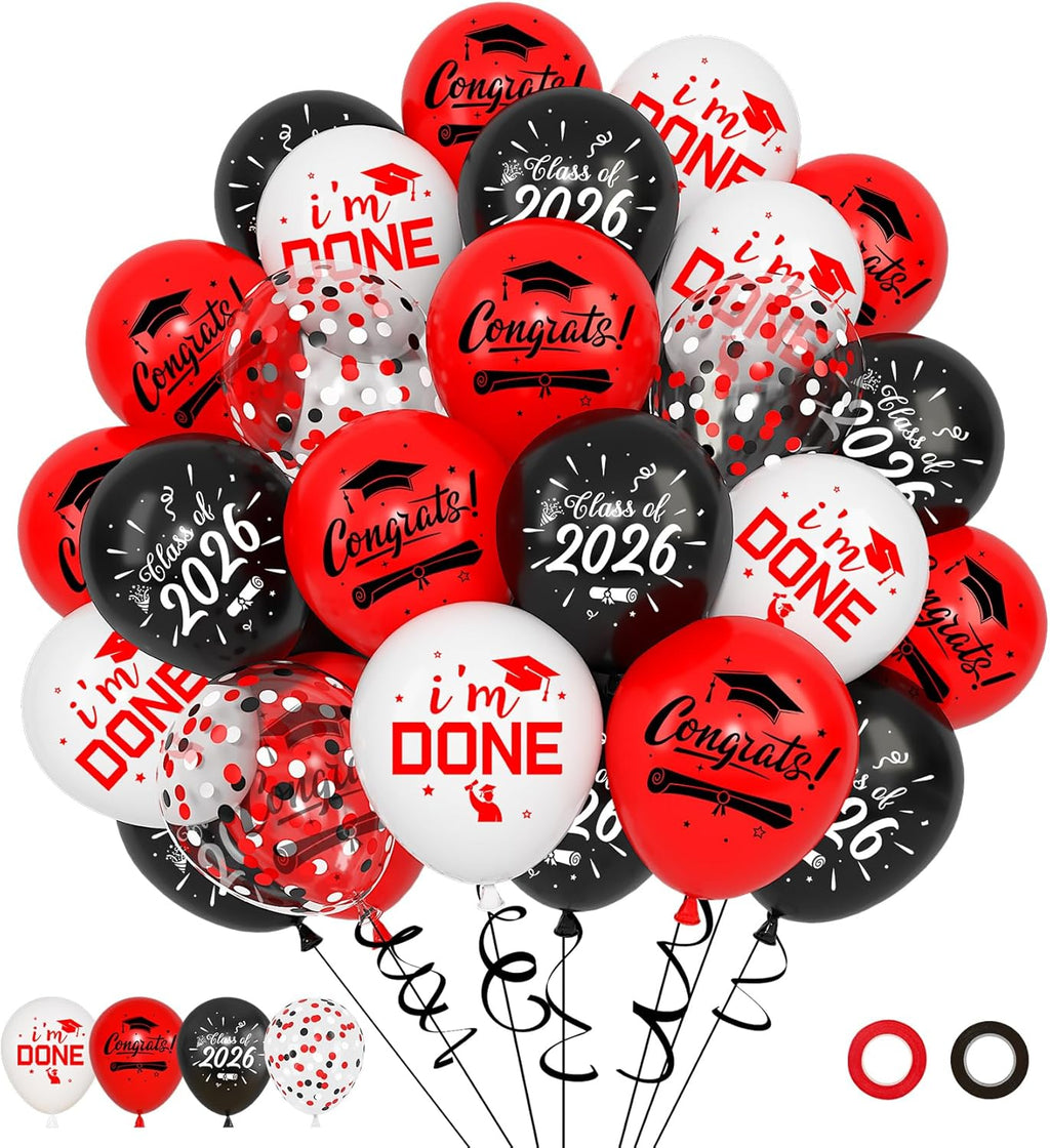 Red and Black Balloons Set by [Brand Name] - 72pcs Graduation Party Decorations with 12-Inch Metallic Confetti Balloons