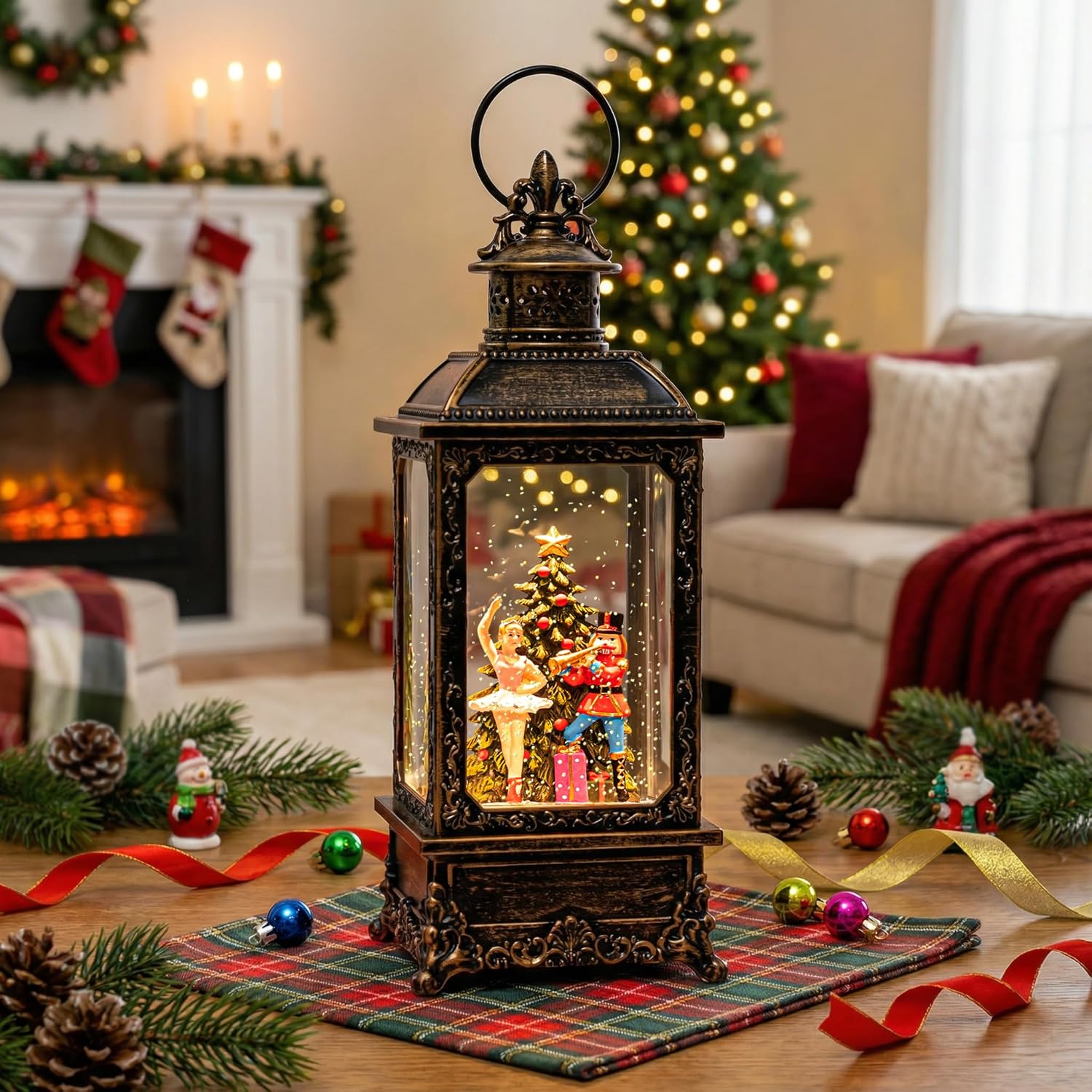 VISFLAIR Christmas Snow Globe Lantern - Musical Nutcracker & Ballerina Decoration | Battery or USB Powered