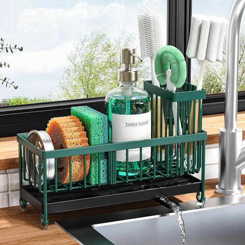 Cisily Kitchen Sink Sponge Holder - Rustproof 304 Stainless Steel Caddy Organizer | Dark Green, 9.25”