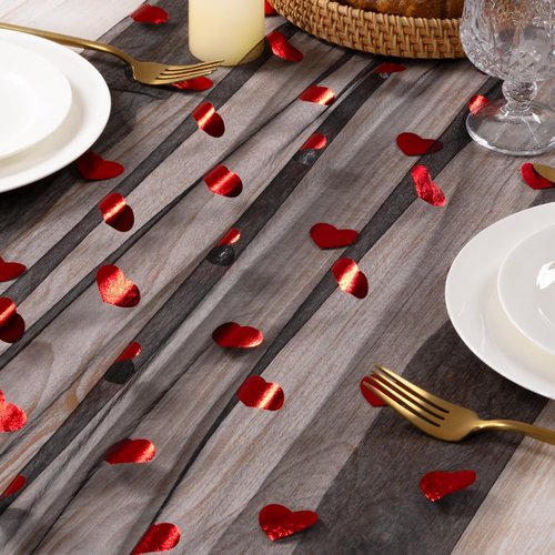 MLMC Heart Valentine's Day Table Runner Black Glitter Gauze Table Runner 120 Inch 10 FT Sheer Metallic Foil Seasonal Centerpiece for Wedding Anniversary Romantic Dinner Table Decor