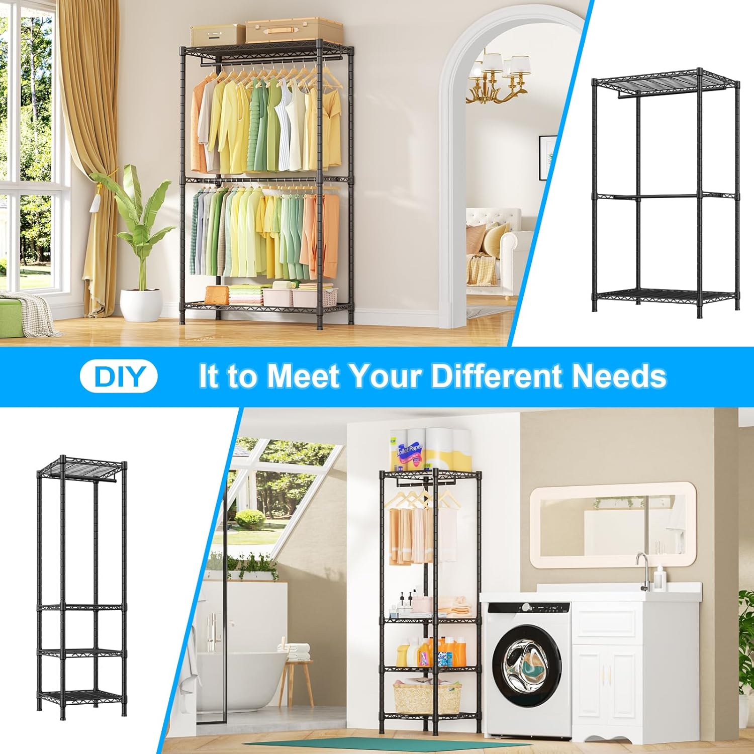 Ulif E10 Clothes Rack - Adjustable Freestanding Clothing Organizer | Portable Garment Rack 73-97"W x 15"D x 72"H, Max Load 800LBS, Black