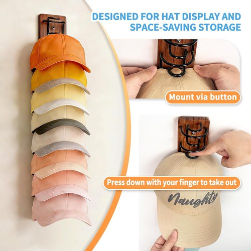 Hat Organizer by [Brand Name] - 2 Pack Baseball Cap Rack with Strong Adhesive | Wall-Mounted Storage for 22 Caps (Brown)