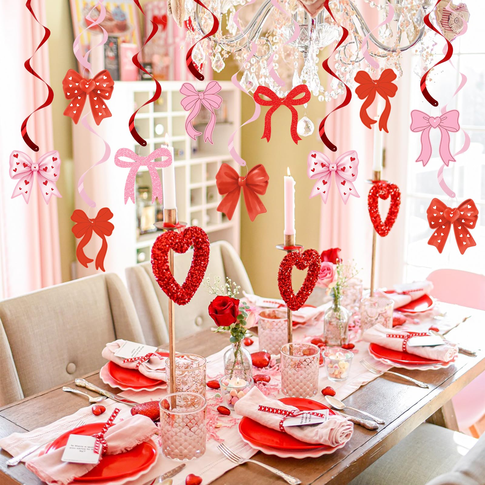Valentines Day Bow Hanging Decorations, Pink Red Valentine Hearts and Bows Hanging Swirls Ceiling Decoration for Home, Bedroom, Classroom, Wedding Anniversary Galentines & Valentines Day Decorations