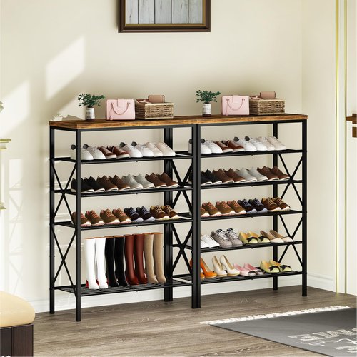 TIFFLOI 6-Tier Shoe Rack Organizer, Large Capacity Shoe Storage Shelf for Entryway, Closet, Rustic Brown & Black, Metal Mesh Shelves, Holds up to 24 Pairs of Shoes, Easy Assembly, Adjustable Feet