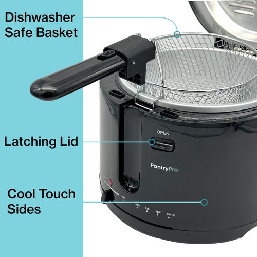 PantryPro 2.5 Liter Electric Deep Fryer with Cool Touch Sides and Nonstick Basket, Adjustable Temperature, Lid with Viewing Window, Black