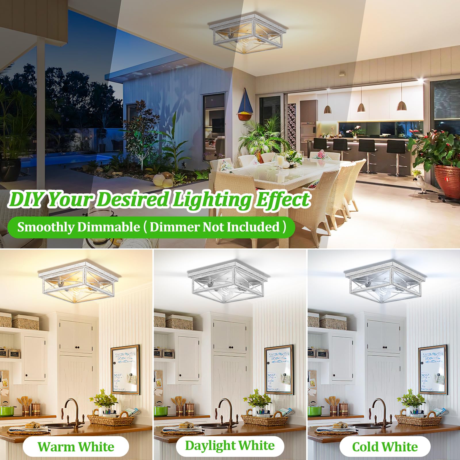 Kondras Antique White Hallway Light Fixture, 2-Light Farmhouse Flush Mount Ceiling Lighting, 1-Pack Metal Kitchen Lighting Fixture, Square Close to Ceiling Lamp for Bedroom Living Room Entryway