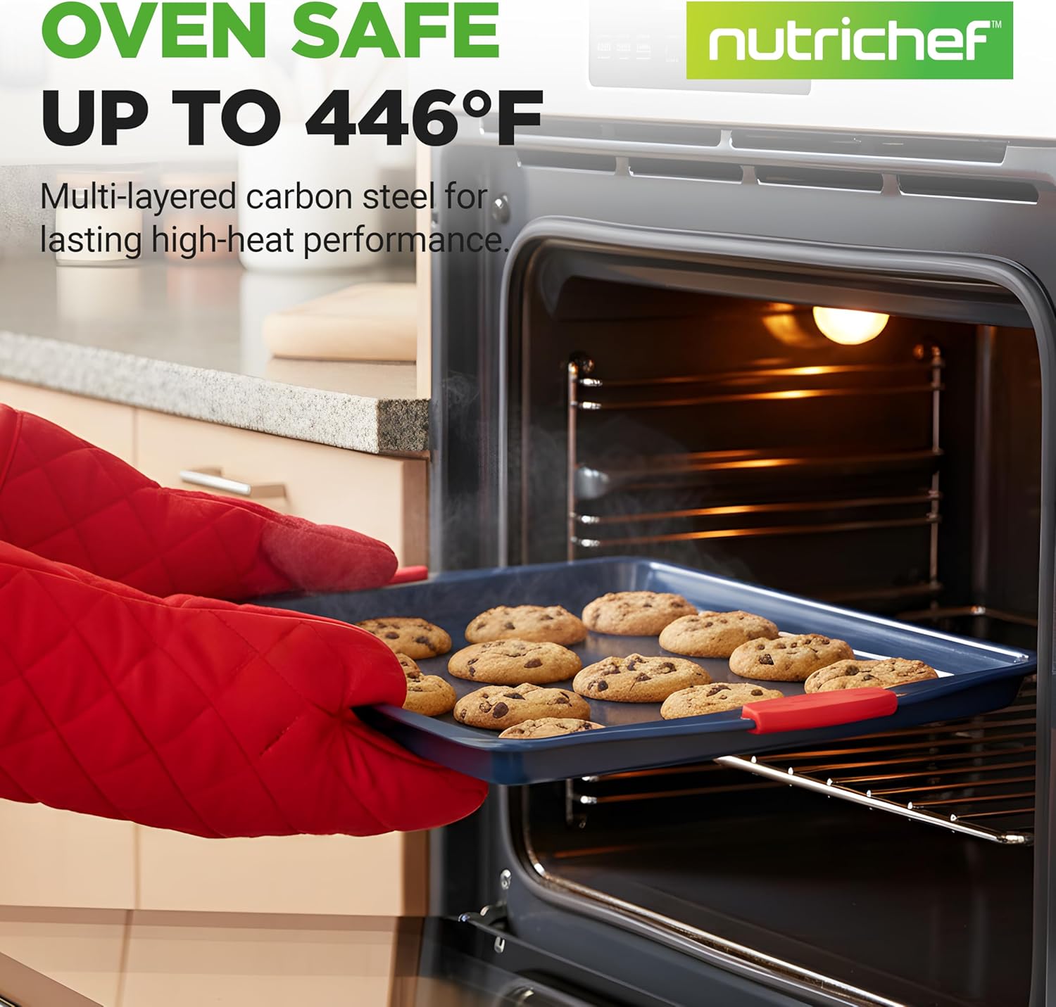 NutriChef Nonstick Cookie Sheets Set - Premium Carbon Steel Baking Trays with Silicone Handles | Large, Medium, Small - Blue