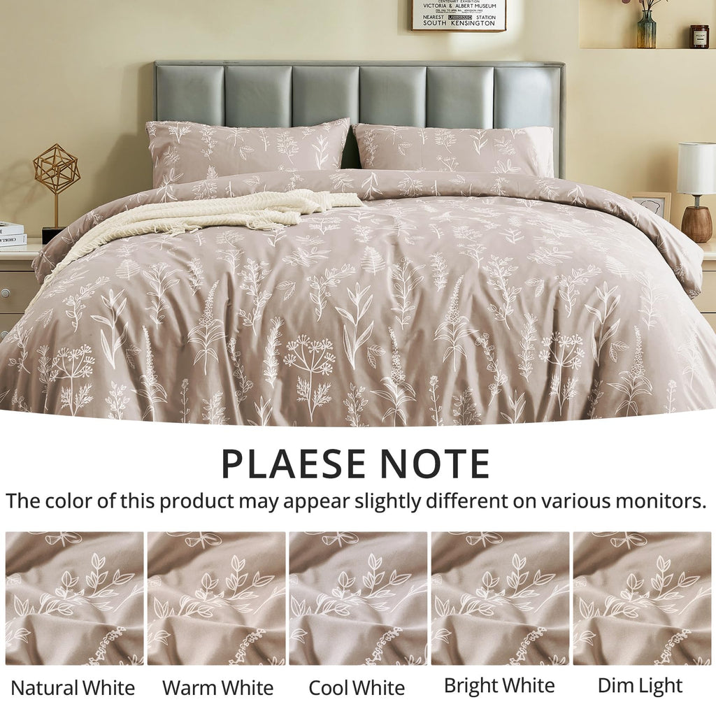 MUXHOMO Duvet Cover Queen Size, Reversible Floral Taupe Duvet Cover Set with Zipper Closure, 3 Pieces Botanical Patterns Soft Microfiber Bedding Set with 4 Ties (90"x90", 2 Pillow Cases)